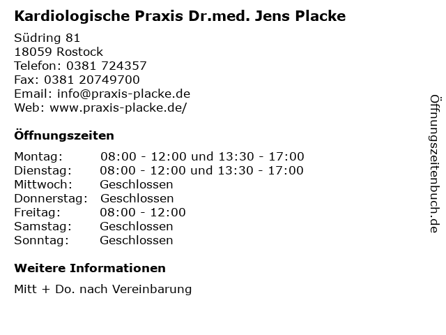 Kardiologische Praxis Dr.med. Jens Placke in Rostock: Adresse und Öffnungszeiten