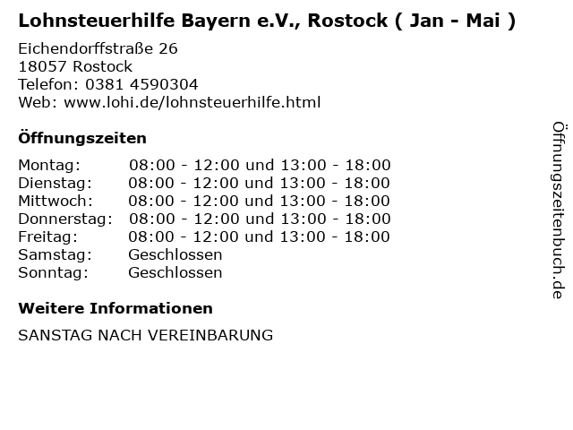 Lohnsteuerhilfe Bayern e.V., Rostock ( Jan - Mai ) in Rostock: Adresse und Öffnungszeiten