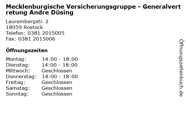 Mecklenburgische Versicherungsgruppe - Generalvertretung Andre Düsing in Rostock: Adresse und Öffnungszeiten