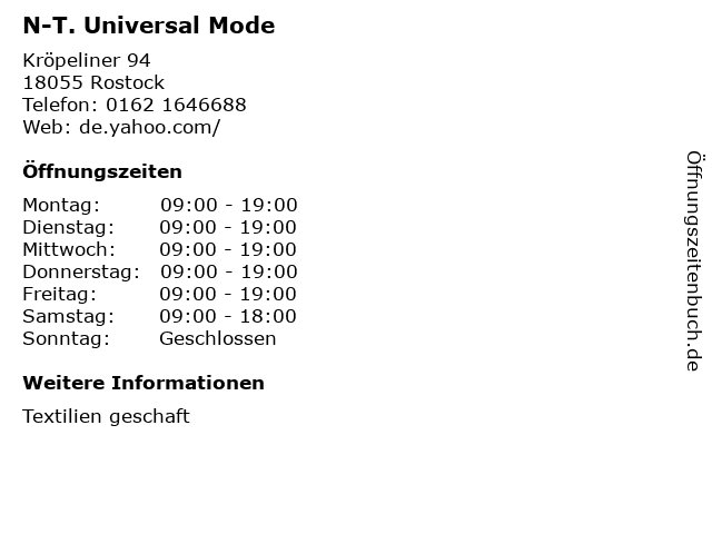 N-T. Universal Mode in Rostock: Adresse und Öffnungszeiten