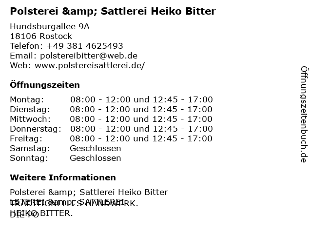Polsterei & Sattlerei Heiko Bitter in Rostock: Adresse und Öffnungszeiten