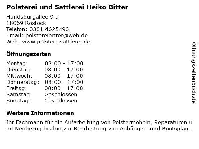 Polsterei und Sattlerei Heiko Bitter in Rostock: Adresse und Öffnungszeiten