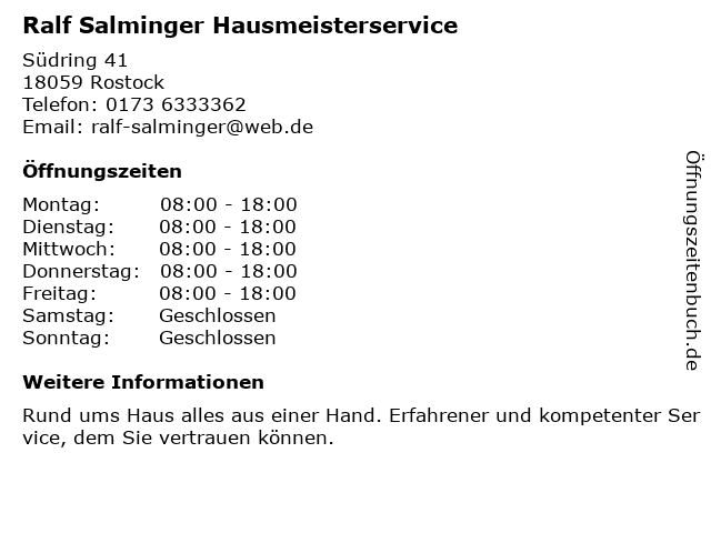 Ralf Salminger Hausmeisterservice in Rostock: Adresse und Öffnungszeiten