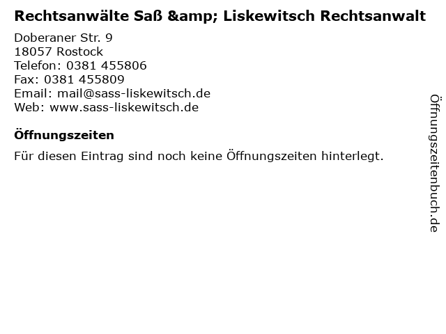 Rechtsanwälte Saß & Liskewitsch Rechtsanwalt in Rostock: Adresse und Öffnungszeiten