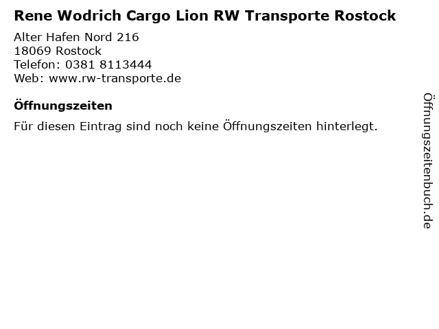 Rene Wodrich Cargo Lion RW Transporte Rostock in Rostock: Adresse und Öffnungszeiten