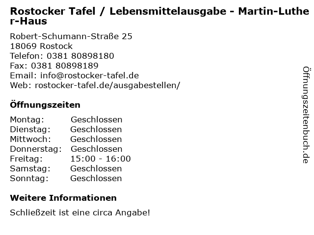 Rostocker Tafel / Lebensmittelausgabe - Martin-Luther-Haus in Rostock: Adresse und Öffnungszeiten