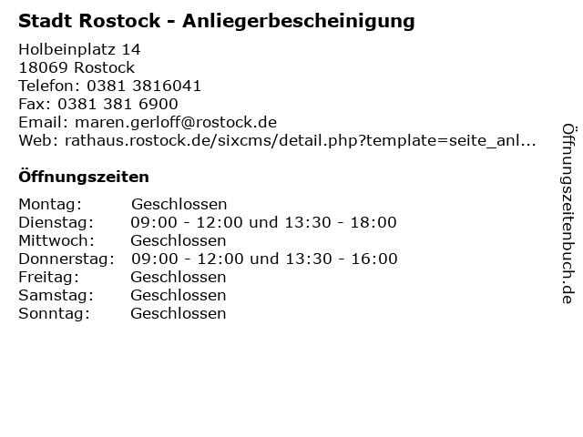 Stadt Rostock - Anliegerbescheinigung in Rostock: Adresse und Öffnungszeiten