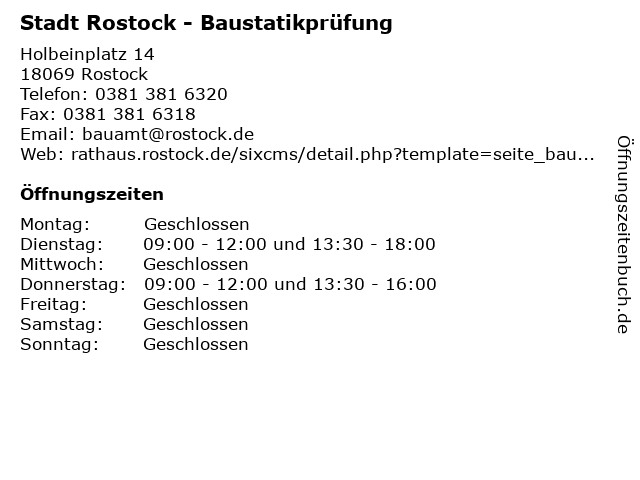 Stadt Rostock - Baustatikprüfung in Rostock: Adresse und Öffnungszeiten