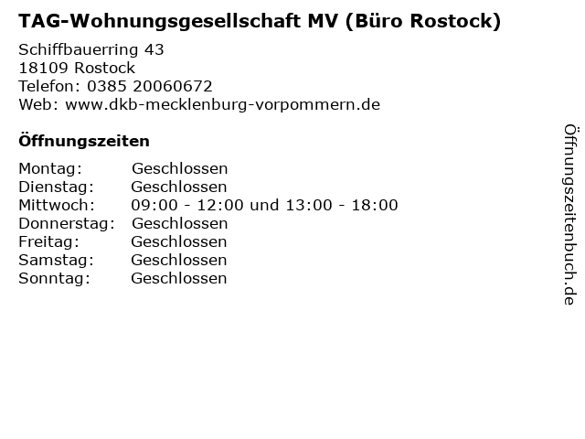 TAG-Wohnungsgesellschaft MV (Büro Rostock) in Rostock: Adresse und Öffnungszeiten