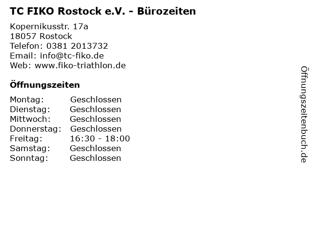 TC FIKO Rostock e.V. - Bürozeiten in Rostock: Adresse und Öffnungszeiten