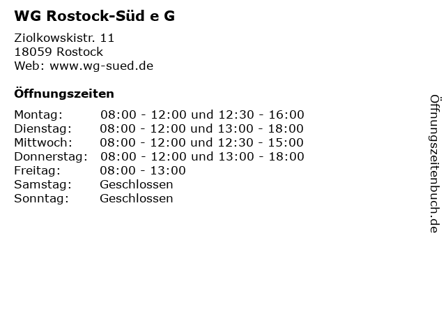 WG Rostock-Süd e G in Rostock: Adresse und Öffnungszeiten