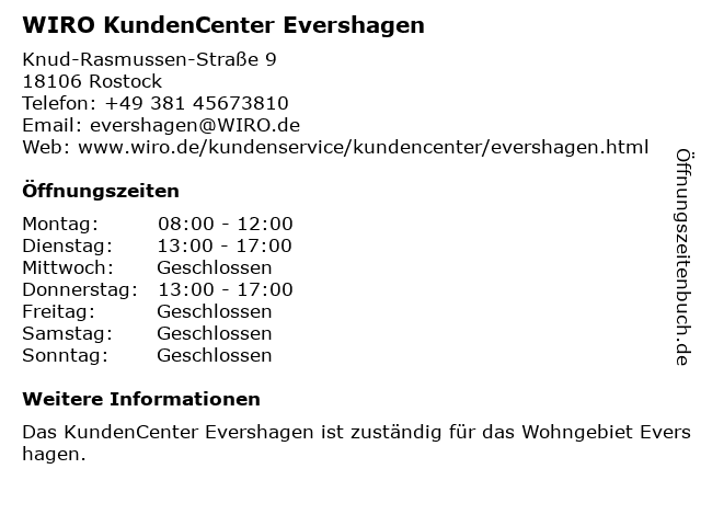 WIRO-Wohnungsgesellschaft / KundenCenter Evershagen in Rostock: Adresse und Öffnungszeiten