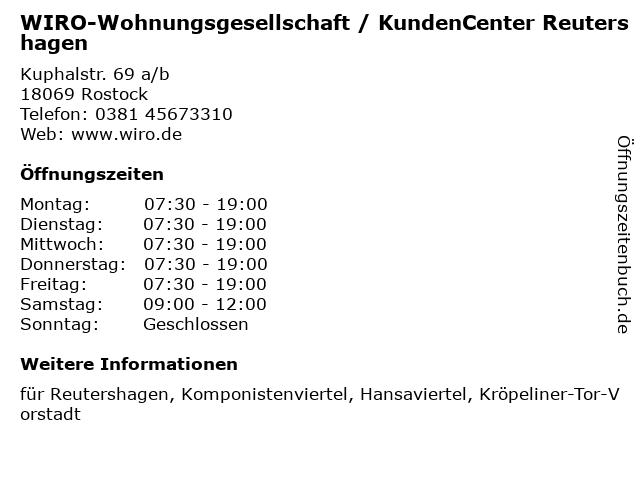 WIRO-Wohnungsgesellschaft / KundenCenter Reutershagen in Rostock: Adresse und Öffnungszeiten