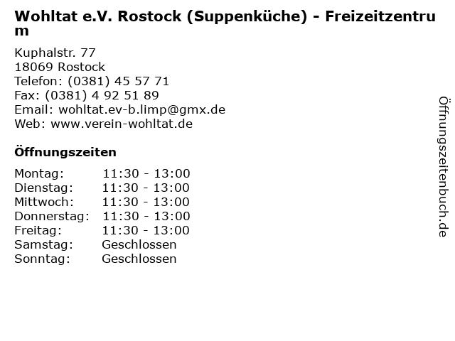 Wohltat e.V. Rostock (Suppenküche) - Freizeitzentrum in Rostock: Adresse und Öffnungszeiten