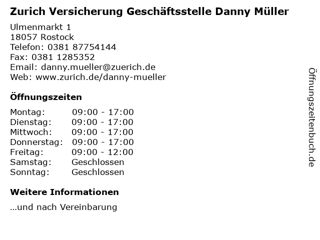 Zurich Versicherung Geschäftsstelle Danny Müller in Rostock: Adresse und Öffnungszeiten