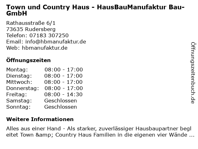 Town und Country Haus - HausBauManufaktur Bau-GmbH in Rudersberg: Adresse und Öffnungszeiten