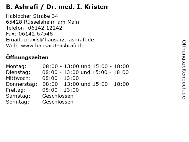 B. Ashrafi / Dr. med. I. Kristen in Rüsselsheim am Main: Adresse und Öffnungszeiten