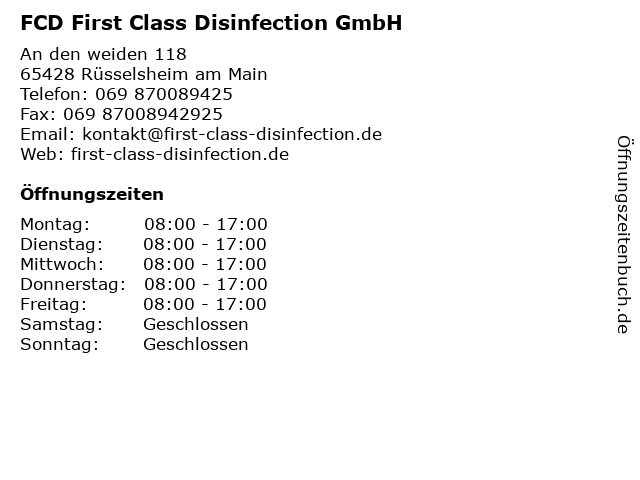 FCD First Class Disinfection GmbH in Rüsselsheim am Main: Adresse und Öffnungszeiten