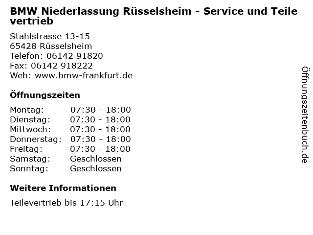 BMW Niederlassung Rüsselsheim - Service und Teilevertrieb in Rüsselsheim: Adresse und Öffnungszeiten