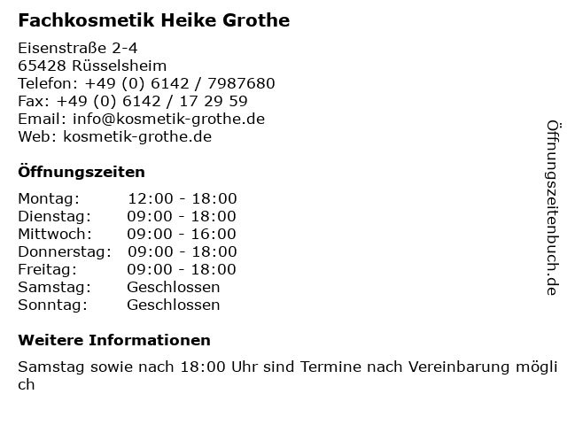 Fachkosmetik Heike Grothe in Rüsselsheim: Adresse und Öffnungszeiten