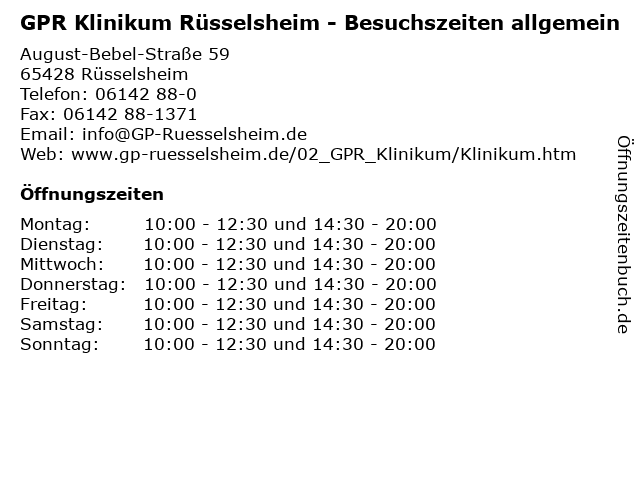 GPR Klinikum Rüsselsheim - Besuchszeiten allgemein in Rüsselsheim: Adresse und Öffnungszeiten