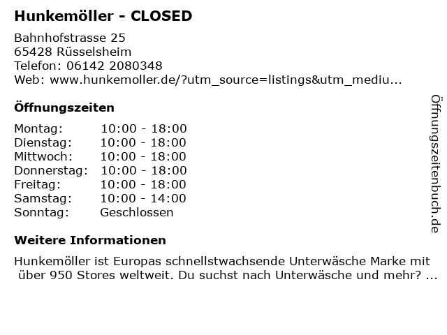 Hunkemöller - CLOSED in Rüsselsheim: Adresse und Öffnungszeiten