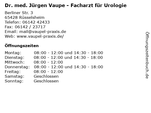 Jürgen Vaupel Facharzt für Urologie in Rüsselsheim: Adresse und Öffnungszeiten