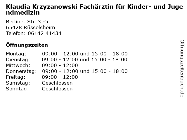 Klaudia Krzyzanowski Fachärztin für Kinder- und Jugendmedizin in Rüsselsheim: Adresse und Öffnungszeiten