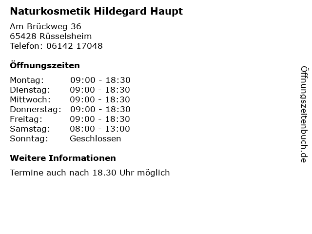 Naturkosmetik Hildegard Haupt in Rüsselsheim: Adresse und Öffnungszeiten