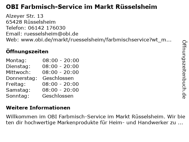 OBI Farbmisch-Service im Markt Rüsselsheim in Rüsselsheim: Adresse und Öffnungszeiten
