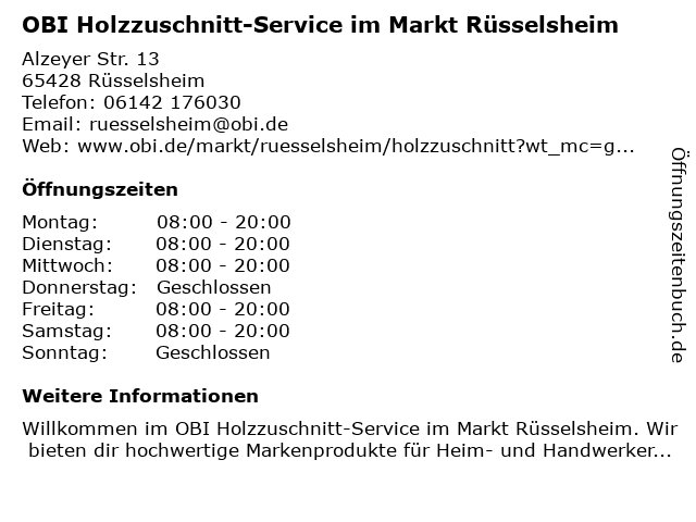 OBI Holzzuschnitt-Service im Markt Rüsselsheim in Rüsselsheim: Adresse und Öffnungszeiten