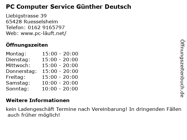 PC Computer Service Günther Deutsch in Ruesselsheim: Adresse und Öffnungszeiten