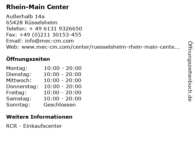 Rhein-Main Center in Rüsselsheim: Adresse und Öffnungszeiten