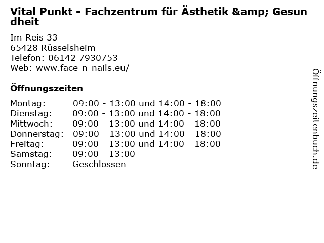 Vital Punkt - Fachzentrum für Ästhetik & Gesundheit in Rüsselsheim: Adresse und Öffnungszeiten