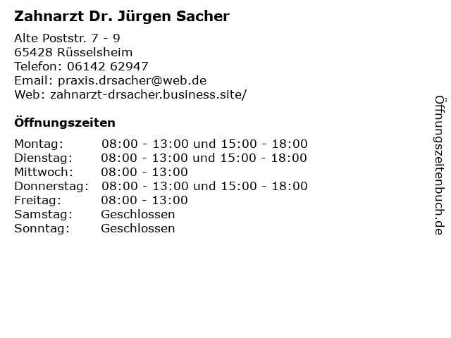Zahnarzt Dr. Jürgen Sacher in Rüsselsheim: Adresse und Öffnungszeiten