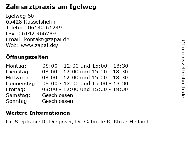 Zahnarztpraxis am Igelweg in Rüsselsheim: Adresse und Öffnungszeiten