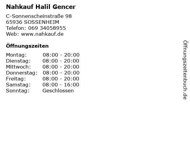 Nahkauf Halil Gencer in SOSSENHEIM: Adresse und Öffnungszeiten