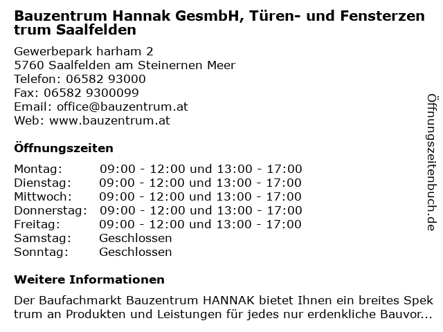 Bauzentrum Hannak GesmbH, Türen- und Fensterzentrum Saalfelden in Saalfelden am Steinernen Meer: Adresse und Öffnungszeiten
