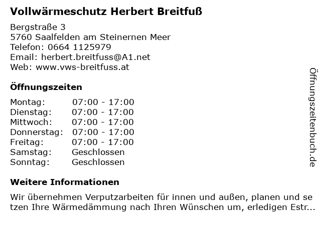 Vollwärmeschutz Herbert Breitfuß in Saalfelden am Steinernen Meer: Adresse und Öffnungszeiten