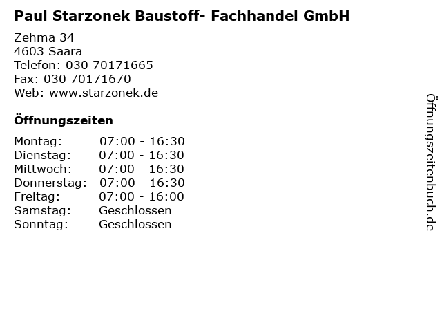Paul Starzonek Baustoff- Fachhandel GmbH in Saara: Adresse und Öffnungszeiten