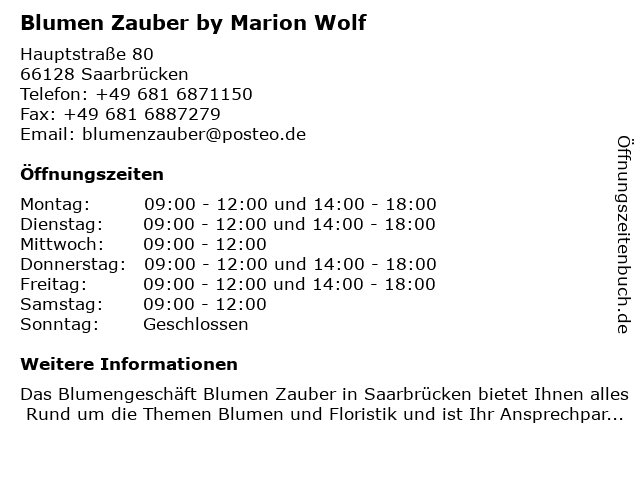 Blumen Zauber by Marion Wolf in Saarbrücken: Adresse und Öffnungszeiten