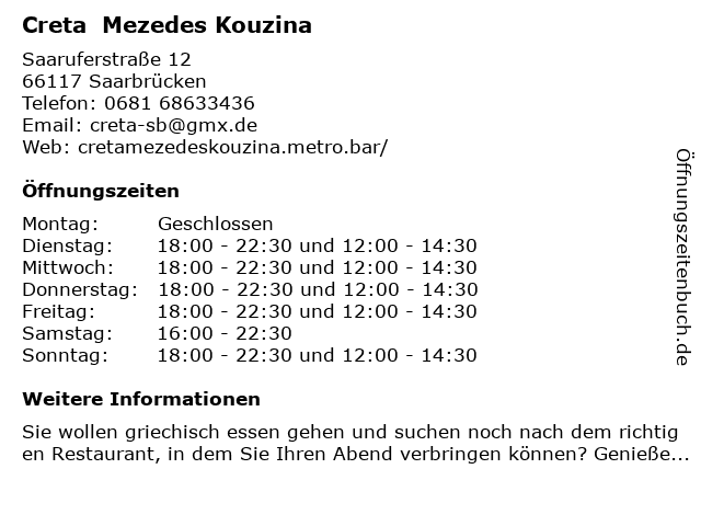 Creta  Mezedes Kouzina in Saarbrücken: Adresse und Öffnungszeiten