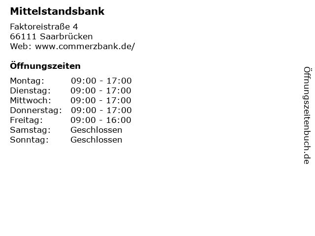 Mittelstandsbank in Saarbrücken: Adresse und Öffnungszeiten