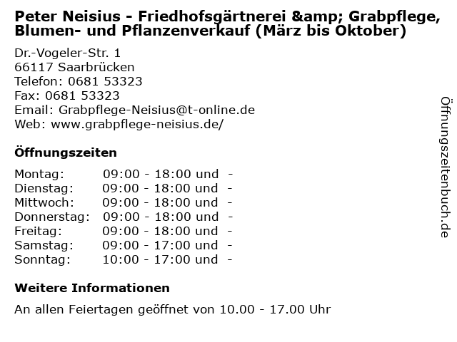 Peter Neisius - Friedhofsgärtnerei & Grabpflege, Blumen- und Pflanzenverkauf (März bis Oktober) in Saarbrücken: Adresse und Öffnungszeiten
