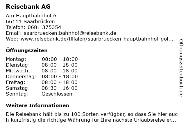 Reisebank AG in Saarbrücken: Adresse und Öffnungszeiten