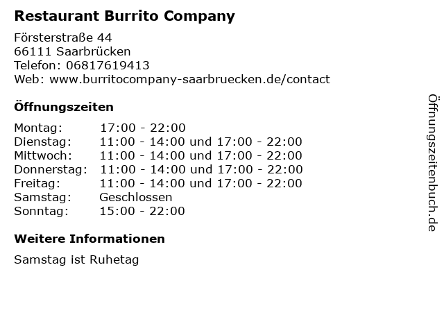 Restaurant Burrito Company in Saarbrücken: Adresse und Öffnungszeiten
