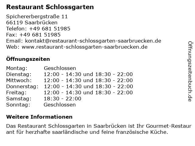 Restaurant Schlossgarten in Saarbrücken: Adresse und Öffnungszeiten