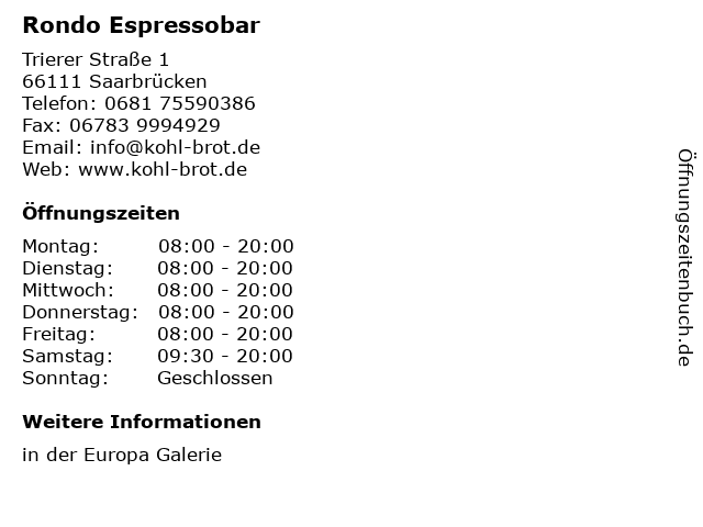 Rondo Espressobar in Saarbrücken: Adresse und Öffnungszeiten