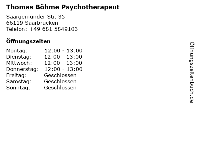 Thomas Böhme Psychotherapeut in Saarbrücken: Adresse und Öffnungszeiten