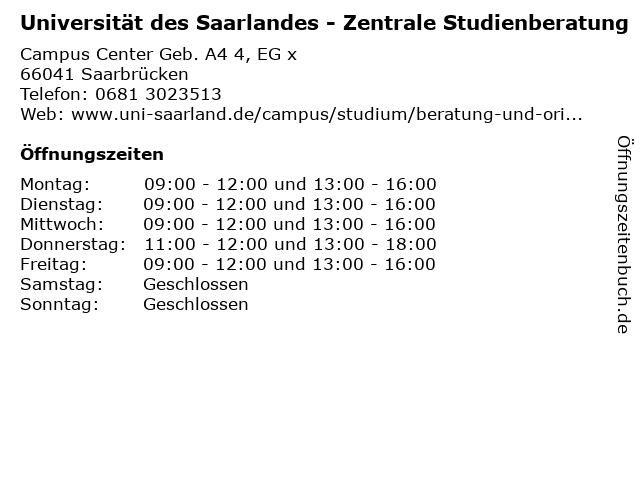 Universität des Saarlandes - Zentrale Studienberatung in Saarbrücken: Adresse und Öffnungszeiten
